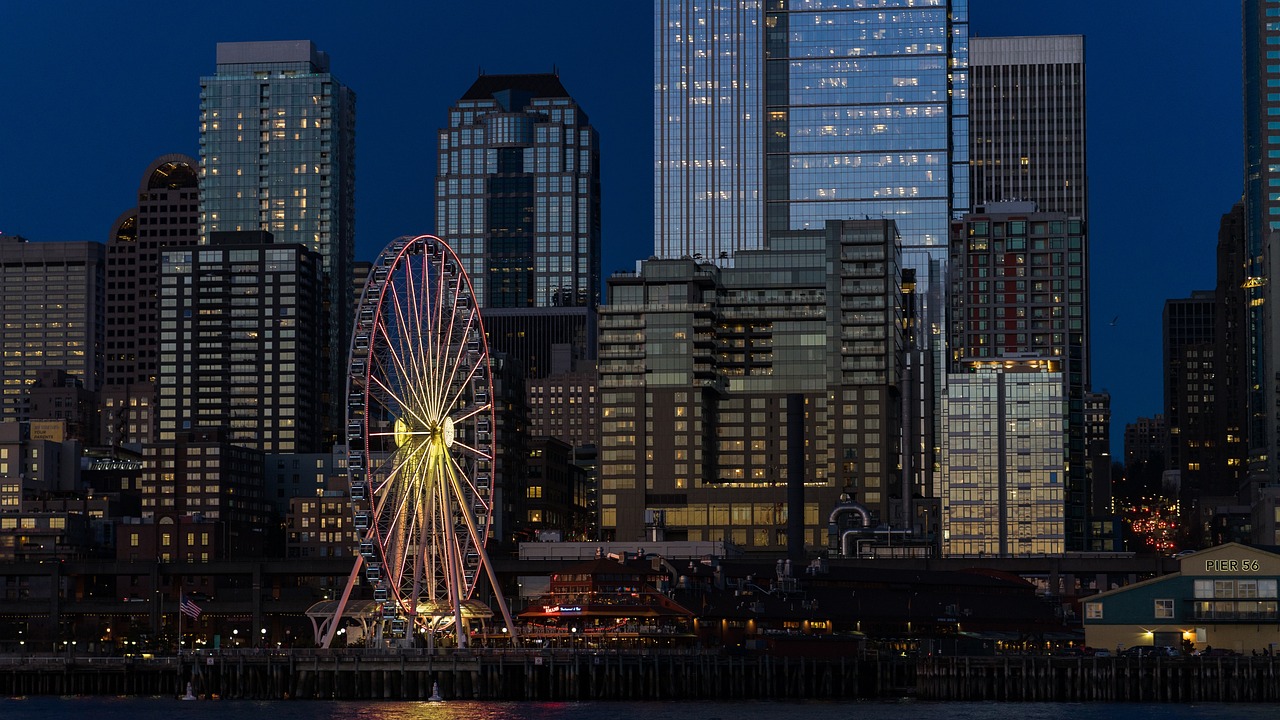 cityscape, ferris wheel, night